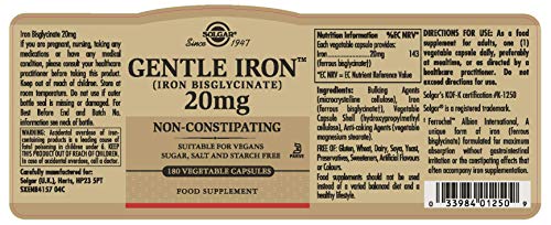 Solgar Gentle Iron - Ideal for Sensitive StomachsRed Blood Cell Supplement, , Non Constipating & GMO, Vegan, Gluten & Dairy Free, Kosher - 180 Servings, Unflavored, 180 Count