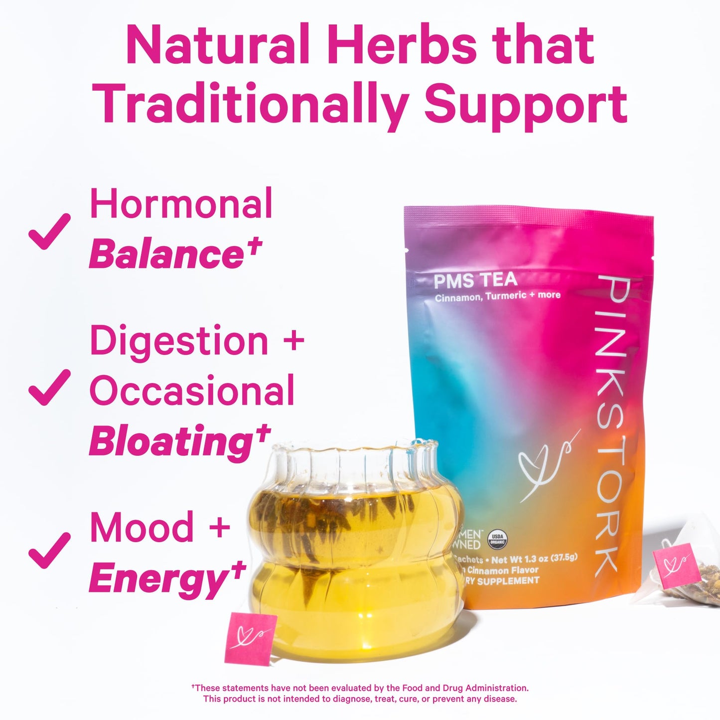 Pink Stork Organic PMS Tea for Hormone Balance, Mood Swings, Bloating, and Period Regularity - 8 Herbs - Vitex, Red Raspberry Leaf, Chamomile - Caffeine-Free - 15 Sachets, Hot or Iced
