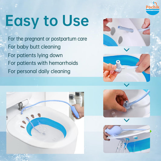 Pochik Sitz Bath, Sitz Bath for Hemorrhoids, Sitz Bath for Toilet Seat, Postpartum Care, Perineal Soaking, Collapsible, Flusher Hose, Drain Holes, Wider Seating Area, Deeper Bowl