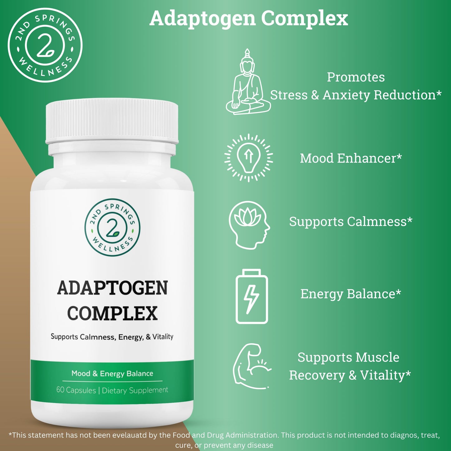 2nd Springs Adaptogen Complex Calmness, Energy and Vitality Booster - Ashwagandha, Schisandra, Astragalus, Ginseng, Rhodiola, and More - Promotes Balance, Focus, and Overall Well-Being - 60 Ct