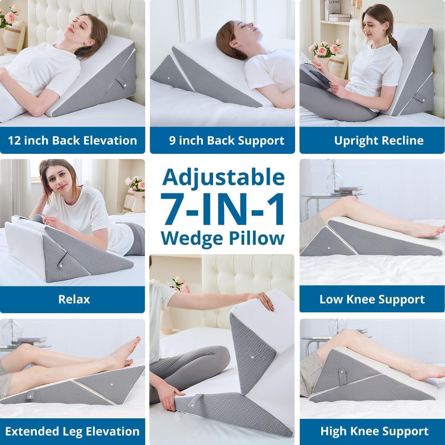 Sasttie Wedge Pillow Headboard, Adjustable Bed Wedge Pillow for After Surgery, Sleeping, Acid Reflux, Neck Pain, Back Pain, and Surgery Recovery, Dark Grey & White