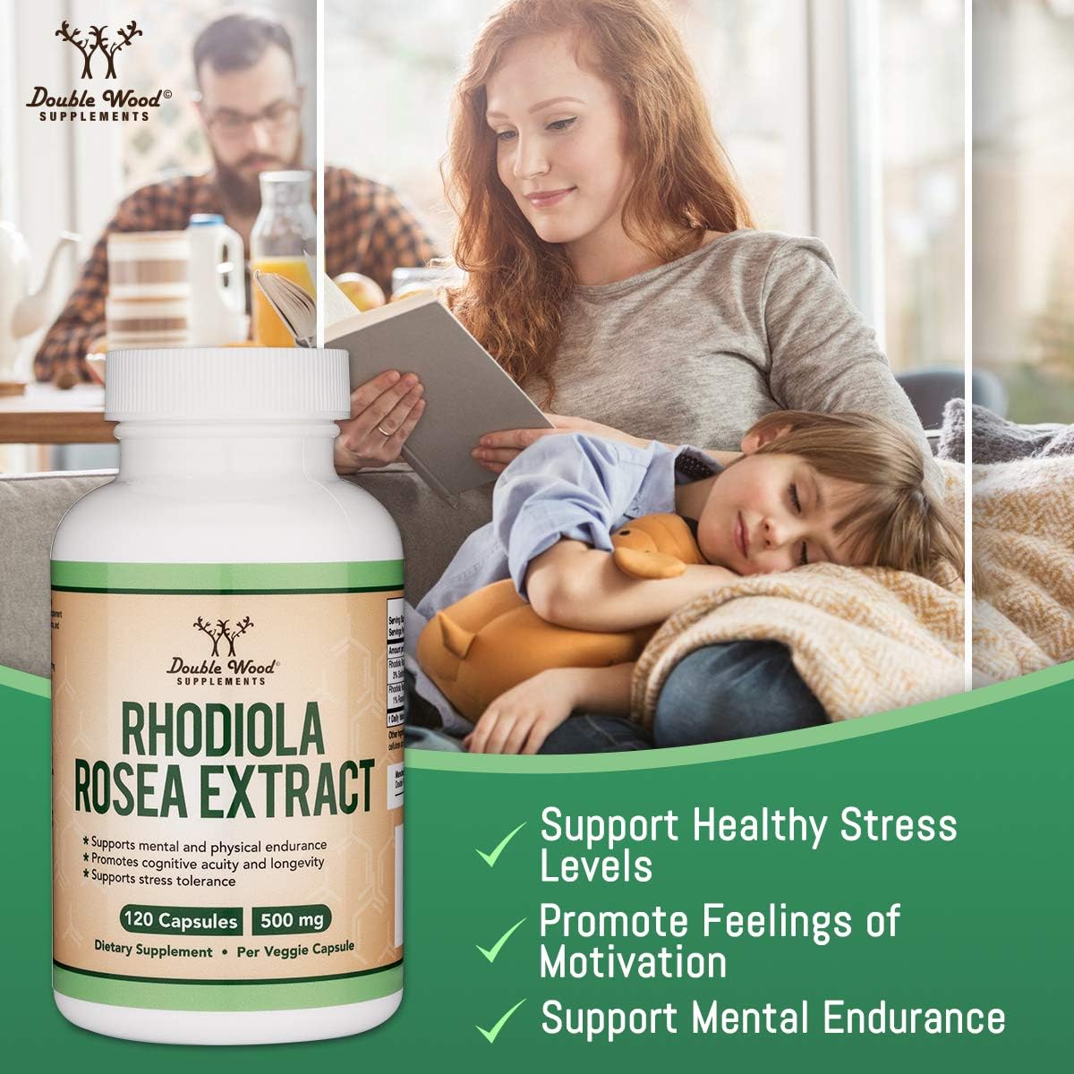 Rhodiola Rosea Supplement 500mg, 120 Vegan Capsules (Third Party Test, Gluten Free, 3% Salidrosides, 1% Rosavins Extract) for Performance, Calming, Motivation by Double Wood
