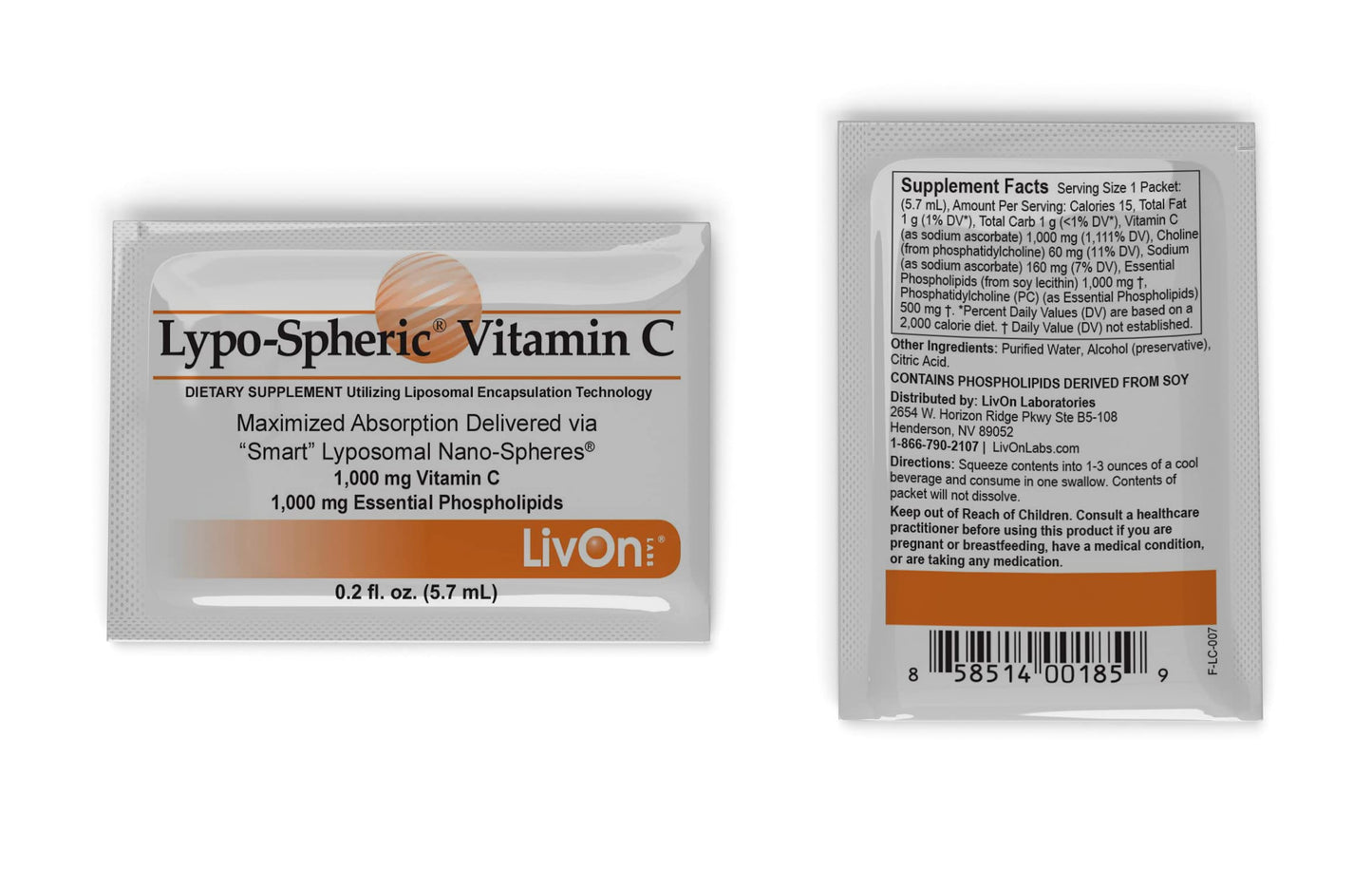 LivOn Laboratories Lypo–Spheric Liposomal Vitamin C 1000mg - No Sugar, Immune Support, Plant Based - Easy to Swallow, Absorbable, Individual Packets - Non–GMO, Gluten Free(0.2floz30 Packets)