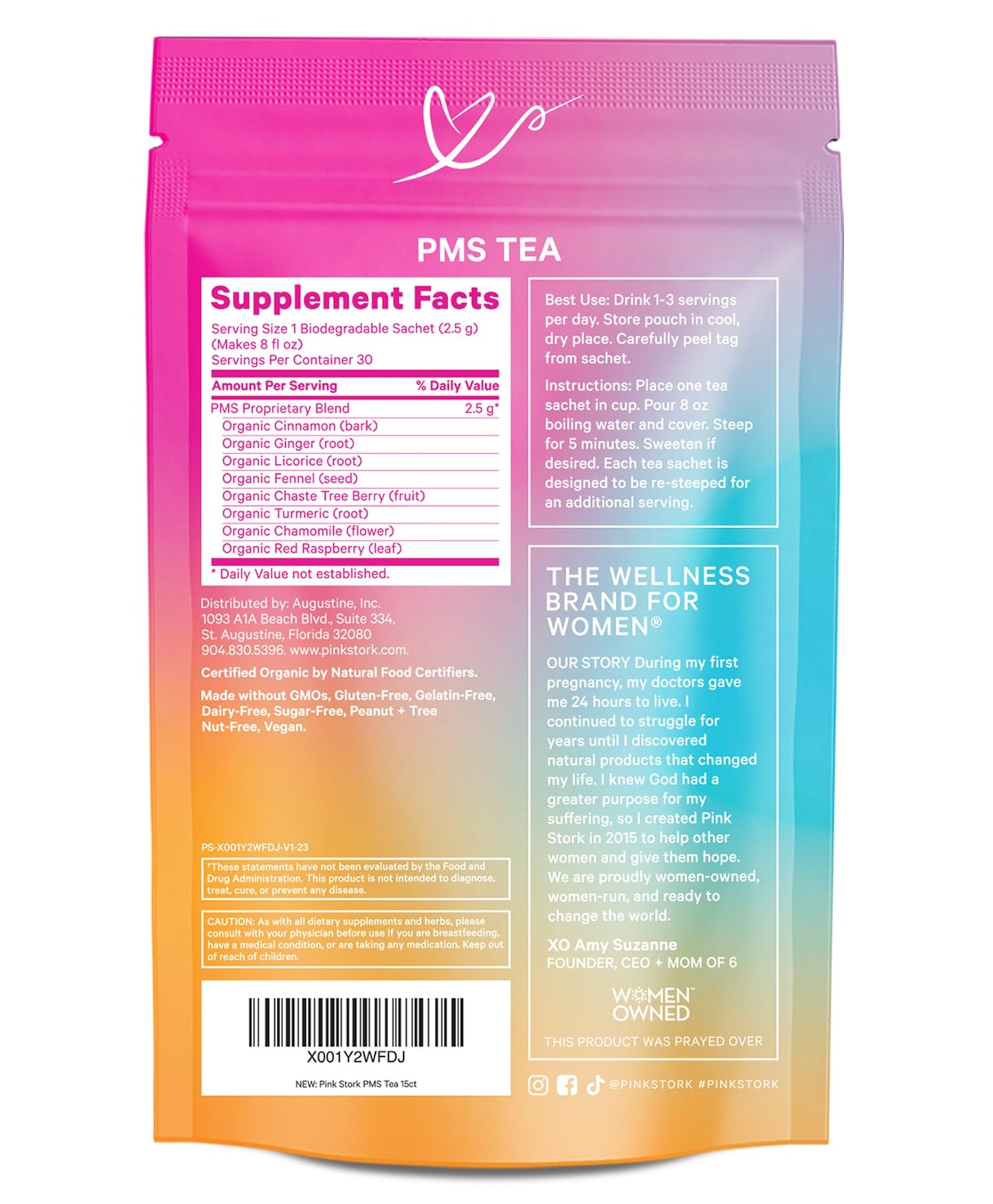 Pink Stork Organic PMS Tea for Hormone Balance, Mood Swings, Bloating, and Period Regularity - 8 Herbs - Vitex, Red Raspberry Leaf, Chamomile - Caffeine-Free - 15 Sachets, Hot or Iced