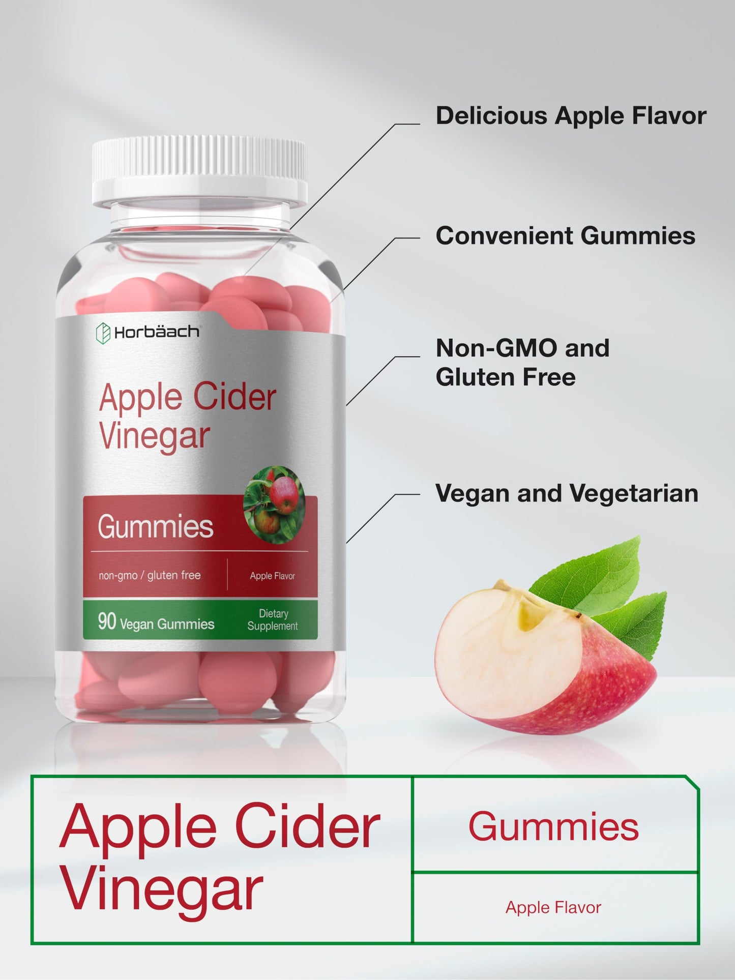 Horbäach Vegan Apple Cider Vinegar Gummies | 90 Count | ACV Supplement | Apple Flavor | Non-GMO, Gluten Free Gummies for Adults