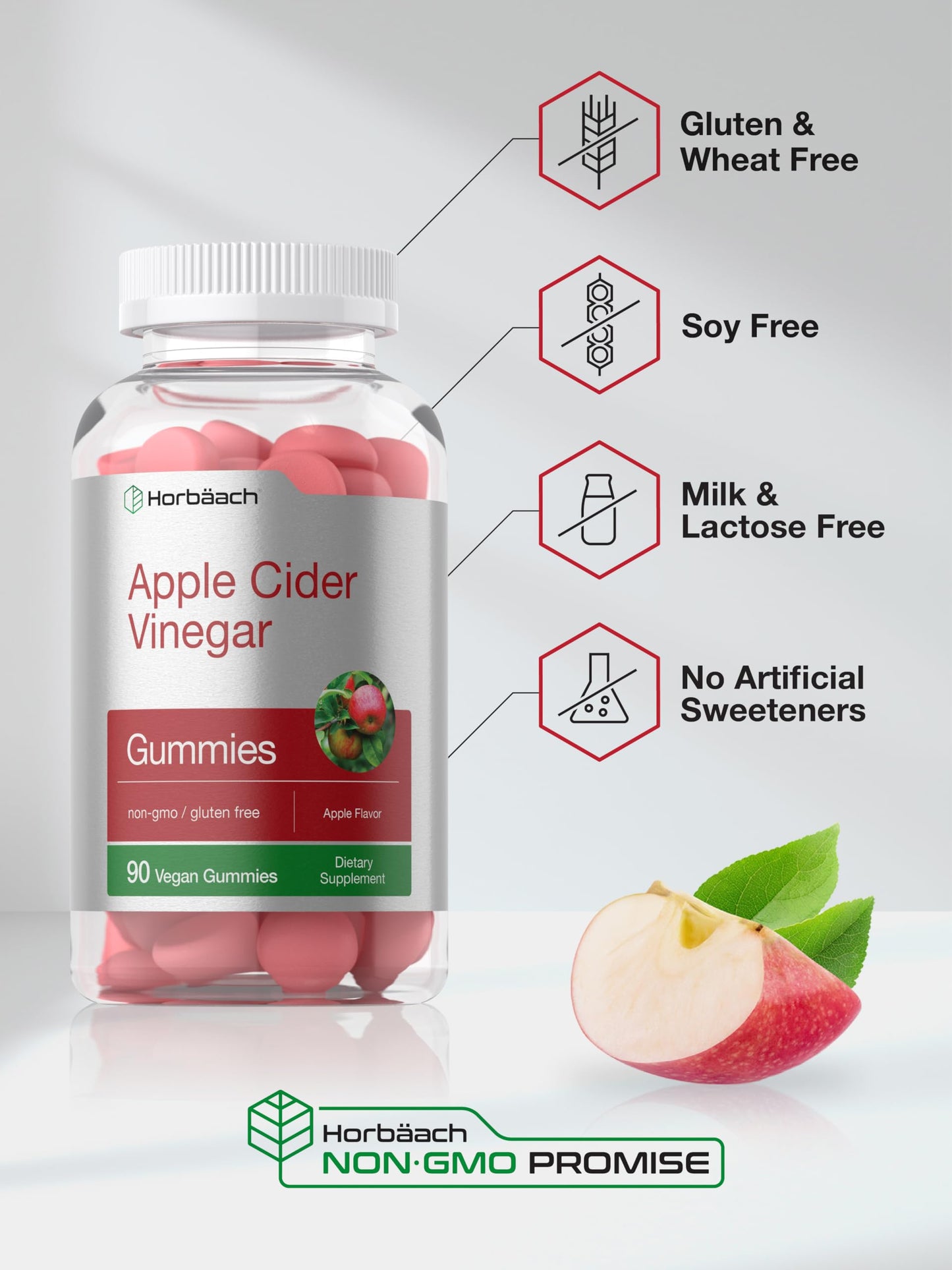 Horbäach Vegan Apple Cider Vinegar Gummies | 90 Count | ACV Supplement | Apple Flavor | Non-GMO, Gluten Free Gummies for Adults