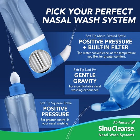 SinuCleanse Soft Tip Neti Pot Nasal Wash System, Relieves Nasal Congestion Due to Cold & Flu, Dry Air, Allergies, 30 All-Natural Saline Packets, Made in USA