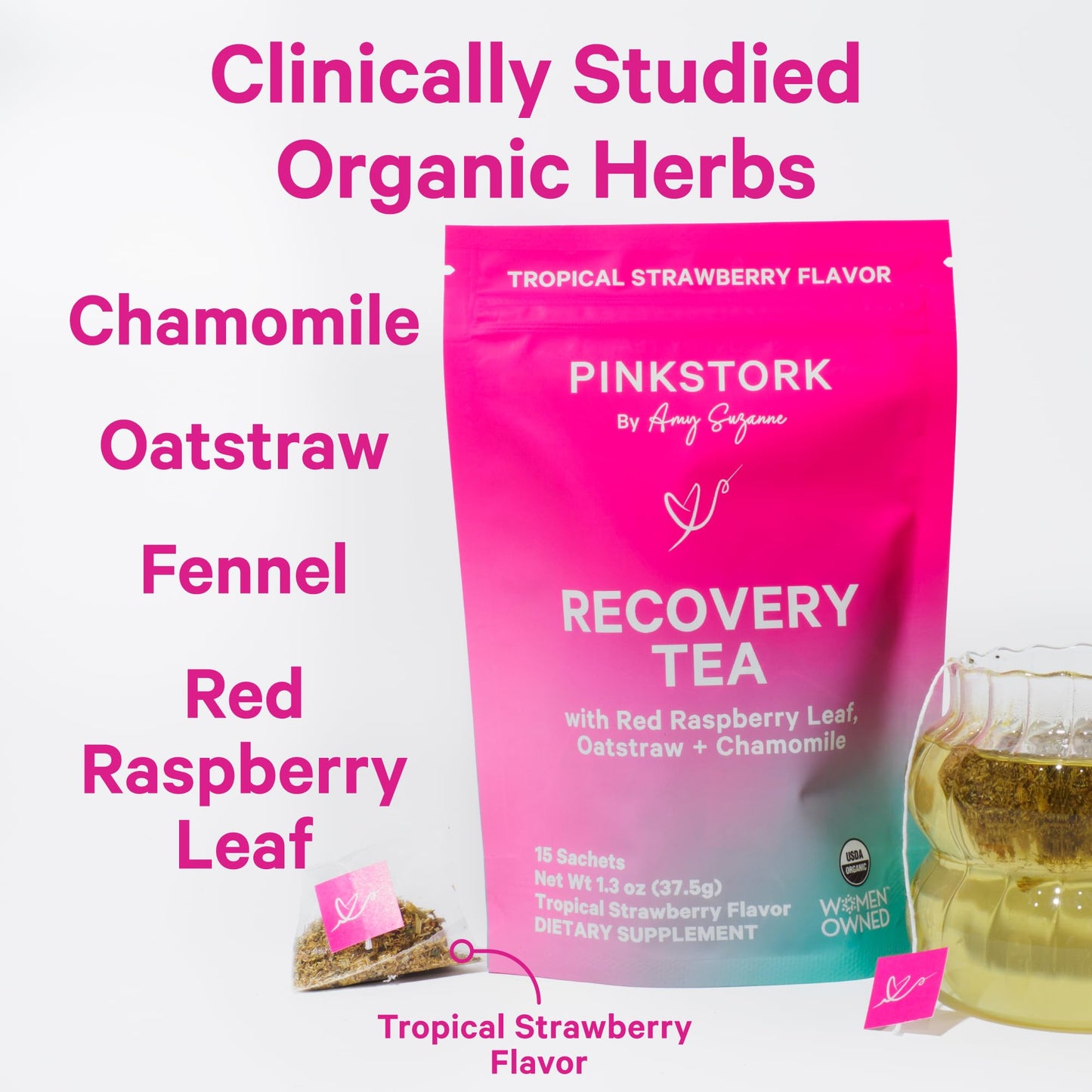 Pink Stork Postpartum Recovery Herbal Tea, Organic Red Raspberry Leaf with Chamomile, Hormone Balance for Women After Labor and Delivery, Strawberry Passion, Hot or Iced, Caffeine-Free, 15 Sachets