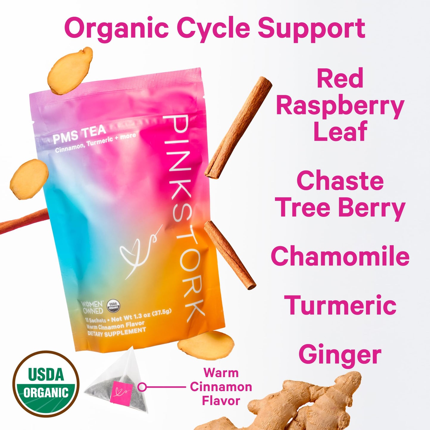 Pink Stork Organic PMS Tea for Hormone Balance, Mood Swings, Bloating, and Period Regularity - 8 Herbs - Vitex, Red Raspberry Leaf, Chamomile - Caffeine-Free - 15 Sachets, Hot or Iced