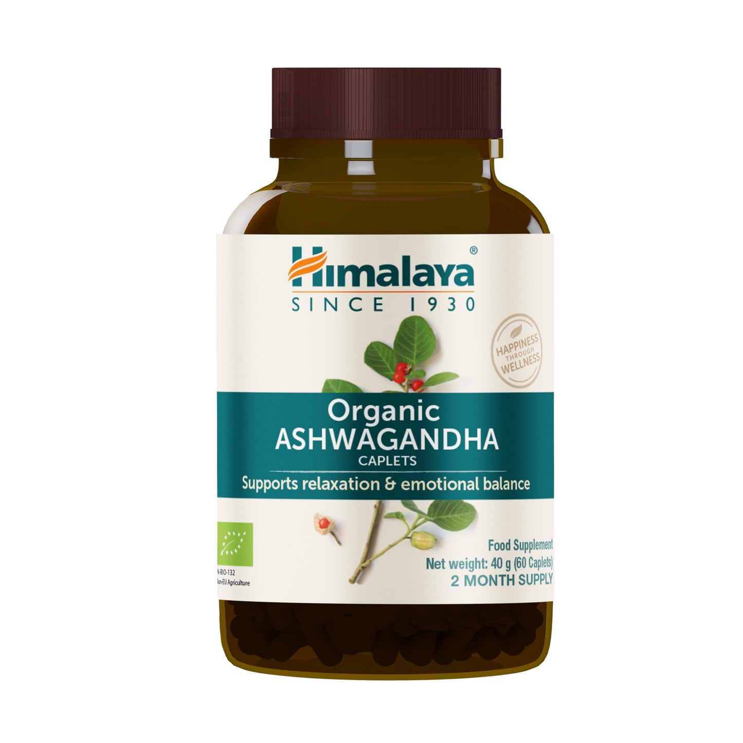 Himalaya Organic Ashwagandha, 60 Day Supply, Herbal Supplement for Stress Relief, Energy Support, Occasional Sleeplessness, Organic, Non-GMO, Vegan, Gluten Free, 670 mg, 60 Caplets