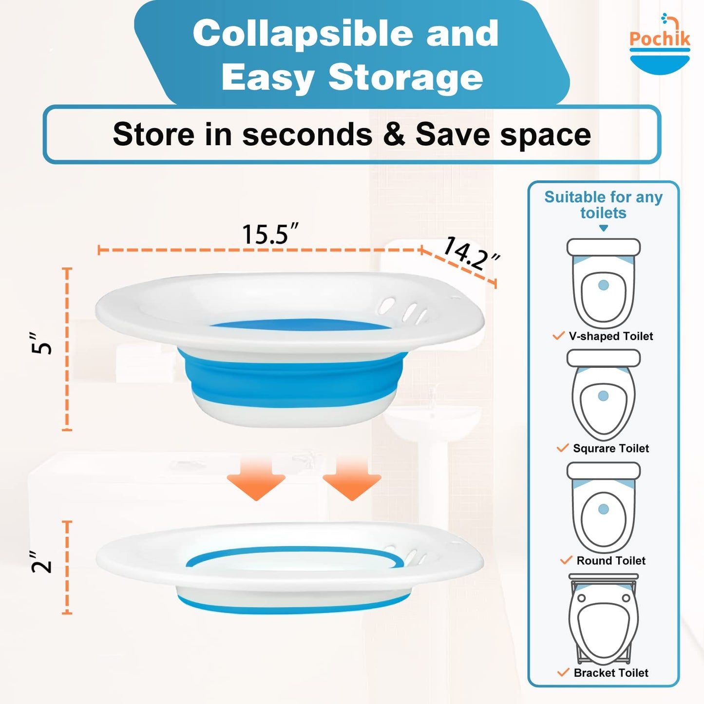 Pochik Sitz Bath, Sitz Bath for Hemorrhoids, Sitz Bath for Toilet Seat, Postpartum Care, Perineal Soaking, Collapsible, Flusher Hose, Drain Holes, Wider Seating Area, Deeper Bowl