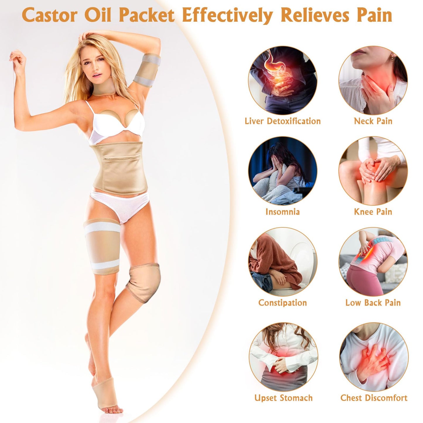 Castor Oil Pack Wrap, 9 Pcs Reusable Organic Castor Oil Packs Kit for Neck Chest Waist Knee Leg and Feet, Adjustable Velcro Caster Oil Compress Pads, Machine Washable Gift for Women