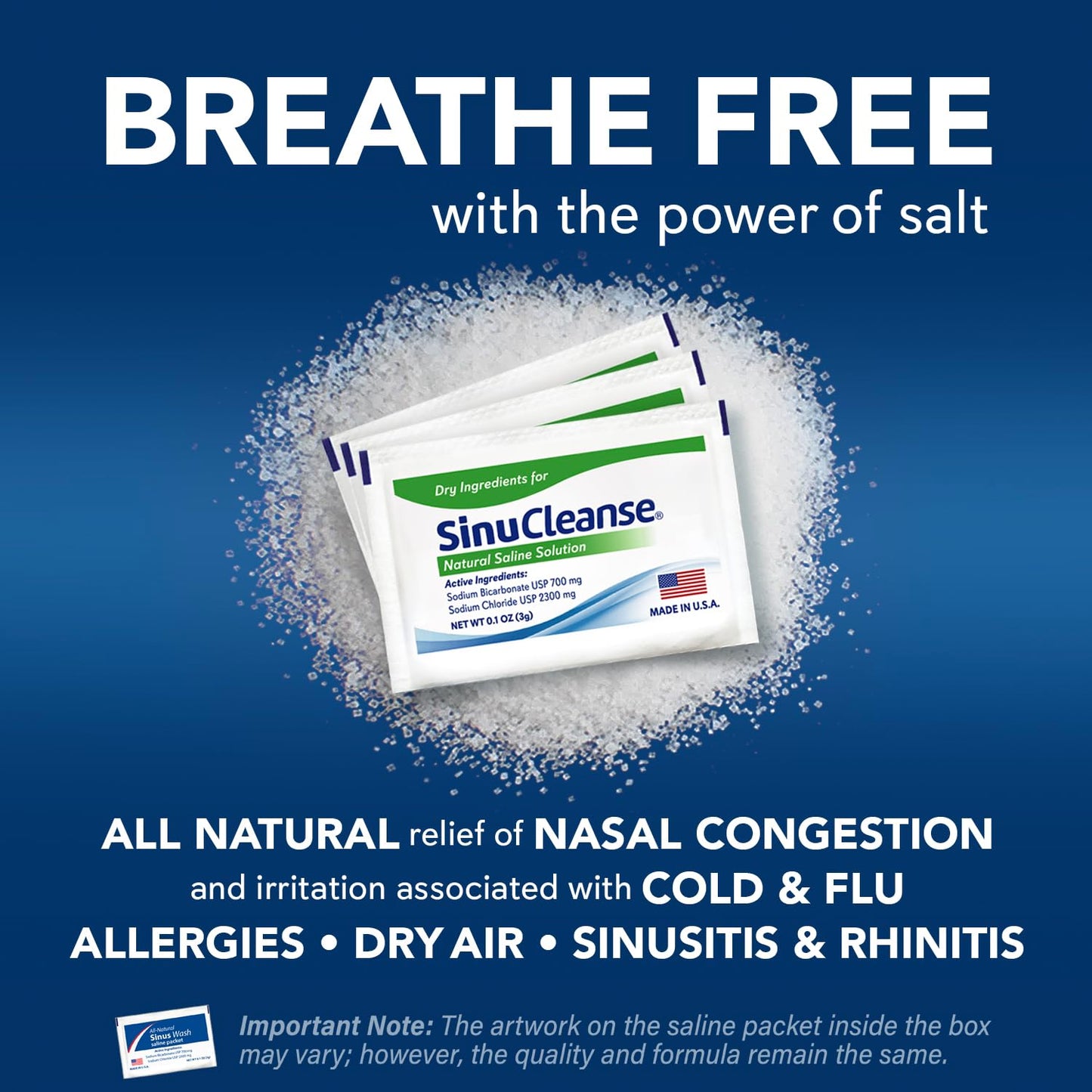 SinuCleanse Soft Tip Neti Pot Nasal Wash System, Relieves Nasal Congestion Due to Cold & Flu, Dry Air, Allergies, 30 All-Natural Saline Packets, Made in USA