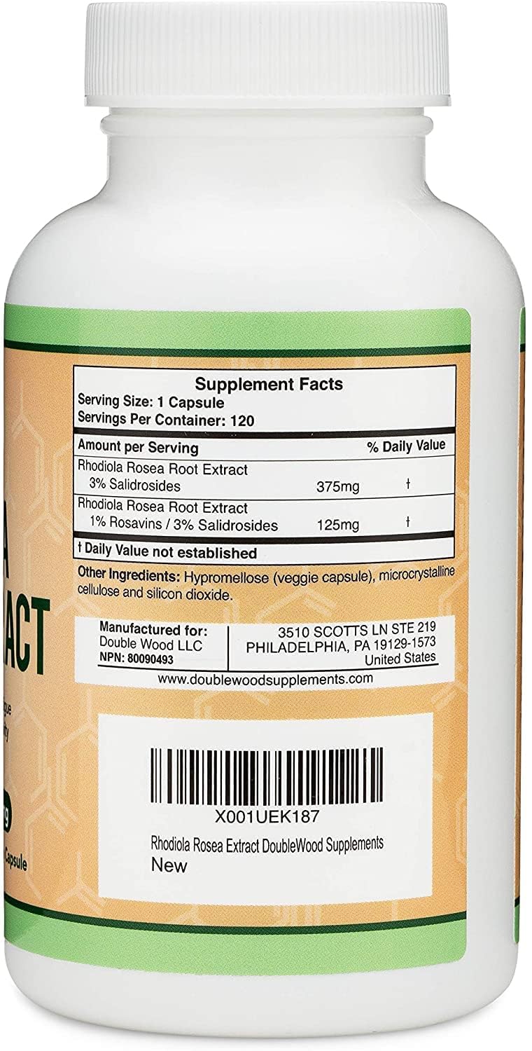 Rhodiola Rosea Supplement 500mg, 120 Vegan Capsules (Third Party Test, Gluten Free, 3% Salidrosides, 1% Rosavins Extract) for Performance, Calming, Motivation by Double Wood