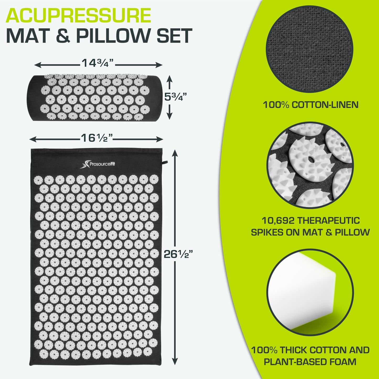 ProsourceFit Acupressure Mat and Pillow Set for Back/Neck Pain Relief and Muscle Relaxation, Black