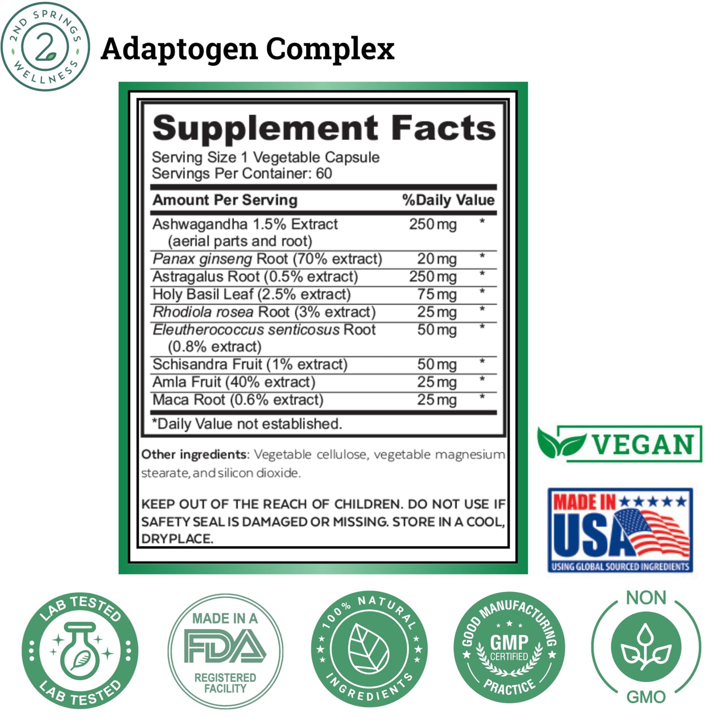 2nd Springs Adaptogen Complex Calmness, Energy and Vitality Booster - Ashwagandha, Schisandra, Astragalus, Ginseng, Rhodiola, and More - Promotes Balance, Focus, and Overall Well-Being - 60 Ct
