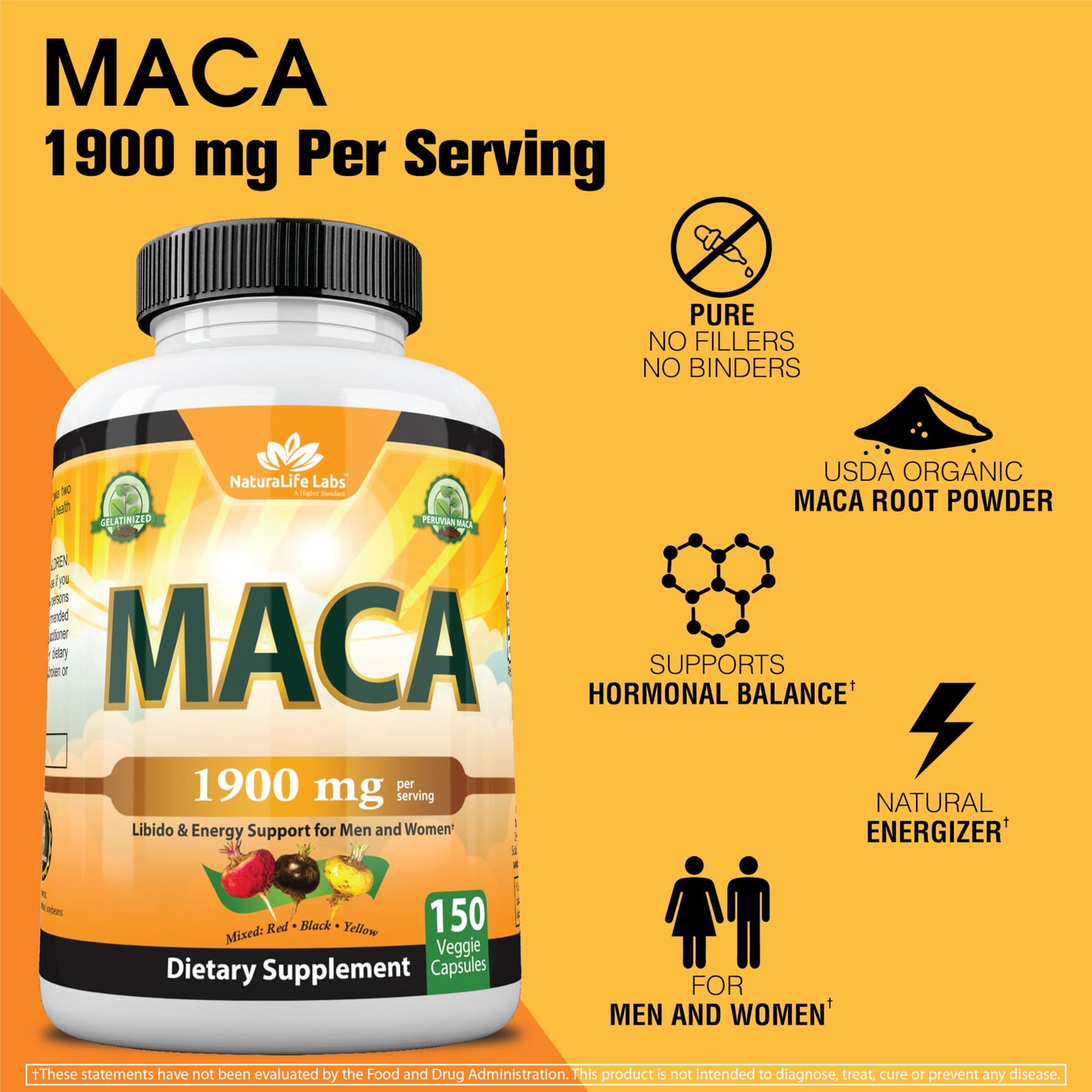 Organic Maca Root Black, Red, Yellow 1900 MG per Serving - 150 Vegan Capsules Peruvian Maca Root Gelatinized 100% Pure Non-GMO Supports Reproductive Health Natural Energizer