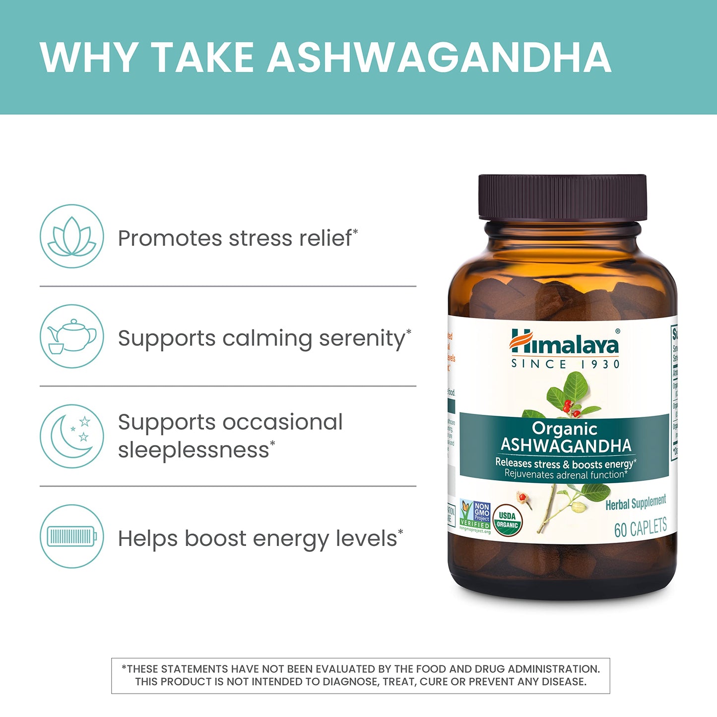 Himalaya Organic Ashwagandha, 60 Day Supply, Herbal Supplement for Stress Relief, Energy Support, Occasional Sleeplessness, Organic, Non-GMO, Vegan, Gluten Free, 670 mg, 60 Caplets