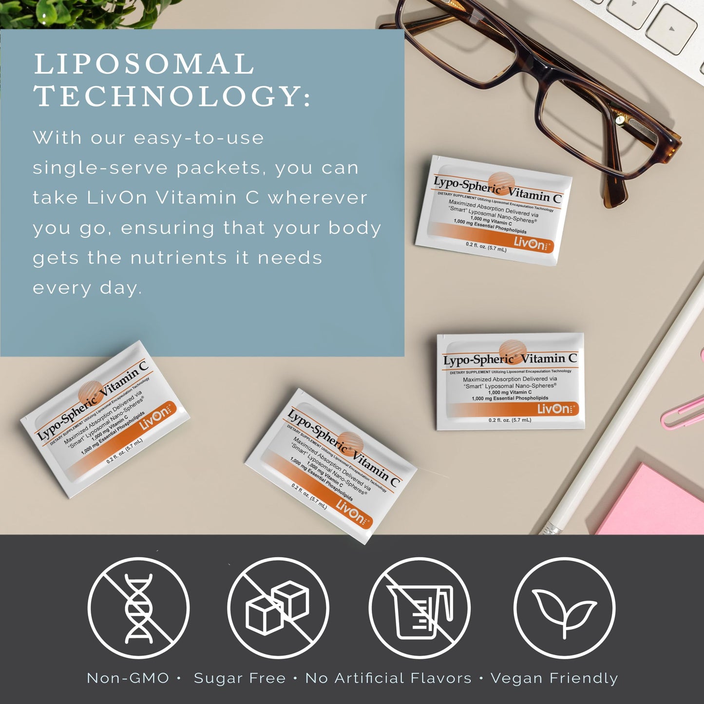 LivOn Laboratories Lypo–Spheric Liposomal Vitamin C 1000mg - No Sugar, Immune Support, Plant Based - Easy to Swallow, Absorbable, Individual Packets - Non–GMO, Gluten Free(0.2floz30 Packets)