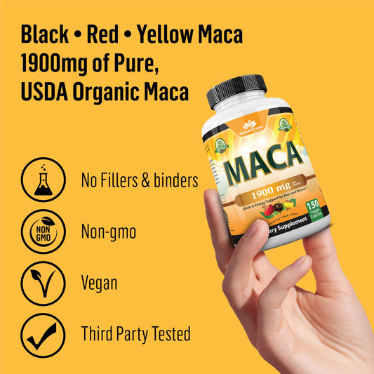 Organic Maca Root Black, Red, Yellow 1900 MG per Serving - 150 Vegan Capsules Peruvian Maca Root Gelatinized 100% Pure Non-GMO Supports Reproductive Health Natural Energizer