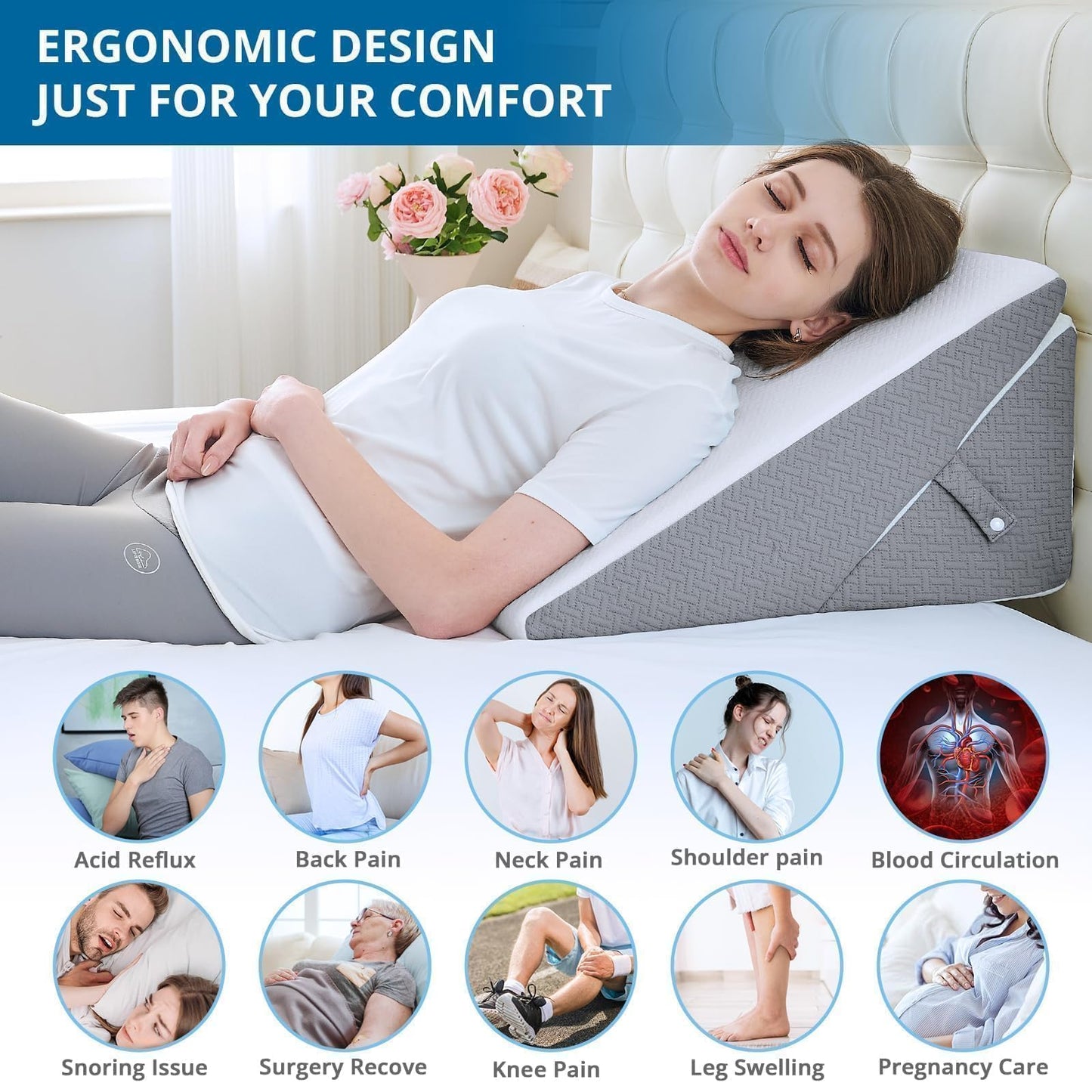 Sasttie Wedge Pillow Headboard, Adjustable Bed Wedge Pillow for After Surgery, Sleeping, Acid Reflux, Neck Pain, Back Pain, and Surgery Recovery, Dark Grey & White