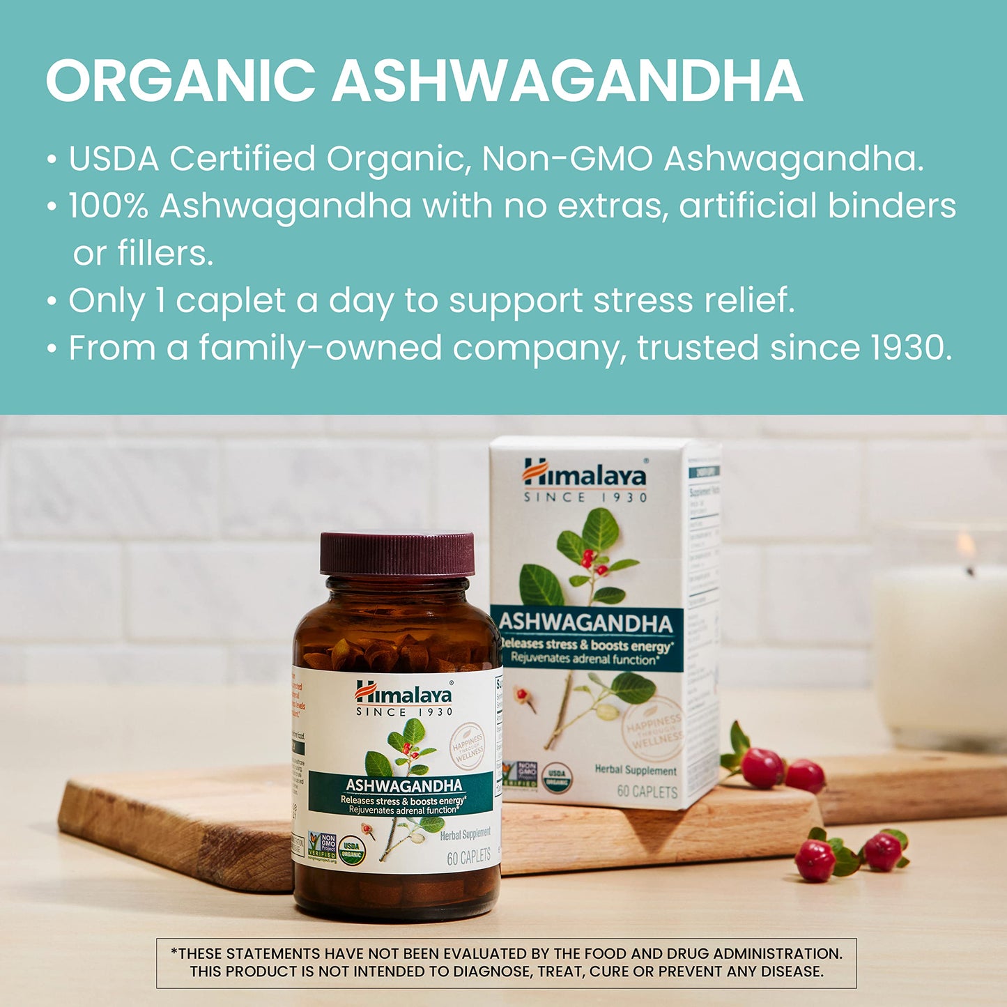 Himalaya Organic Ashwagandha, 60 Day Supply, Herbal Supplement for Stress Relief, Energy Support, Occasional Sleeplessness, Organic, Non-GMO, Vegan, Gluten Free, 670 mg, 60 Caplets