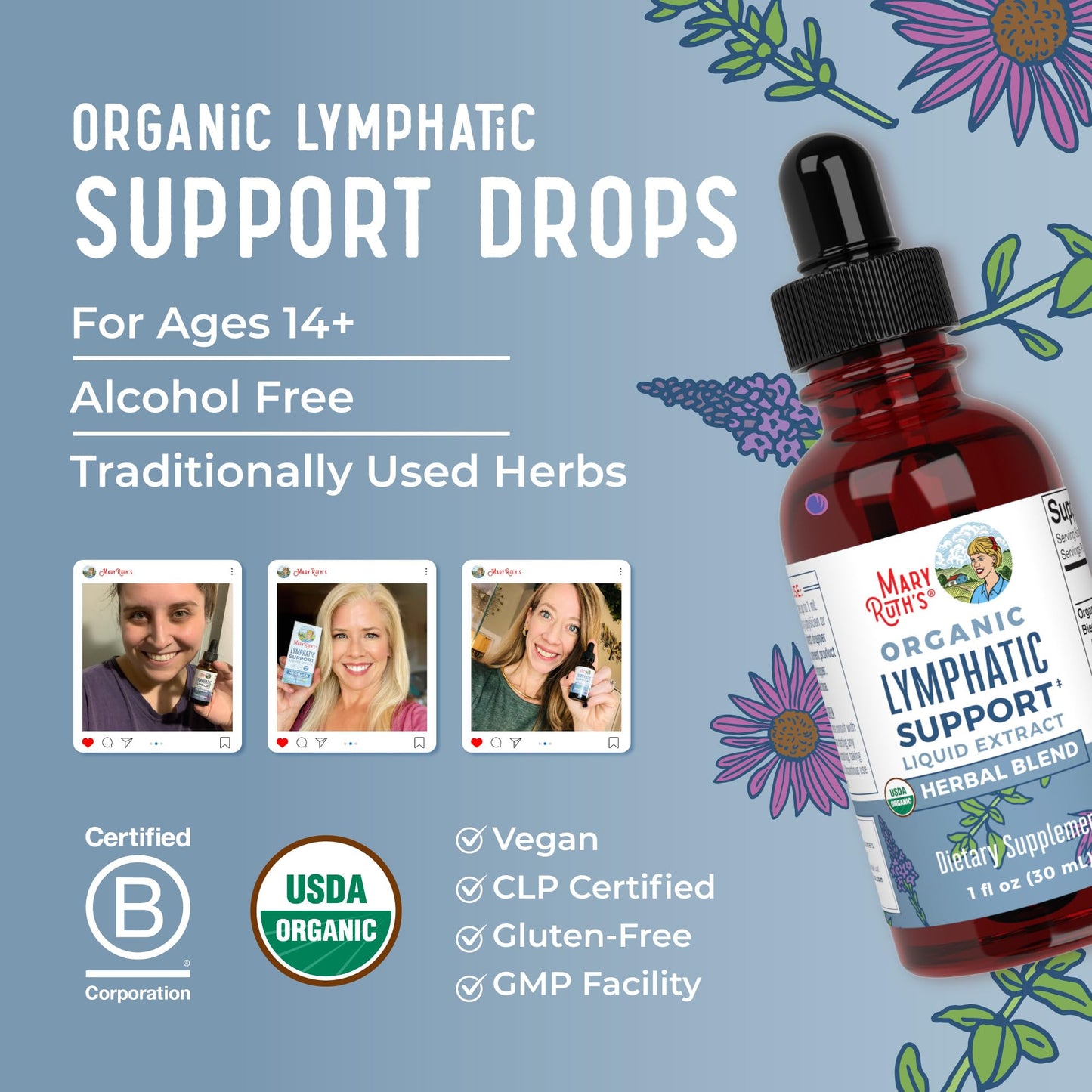 Lymphatic Support Drops by MaryRuth's | USDA Organic Lymphatic Cleanse Immune Support Supplement| Lymphatic Support with Echinacea & Elderberry | Blue Vervain | Vegan | Non-GMO | 30 Servings