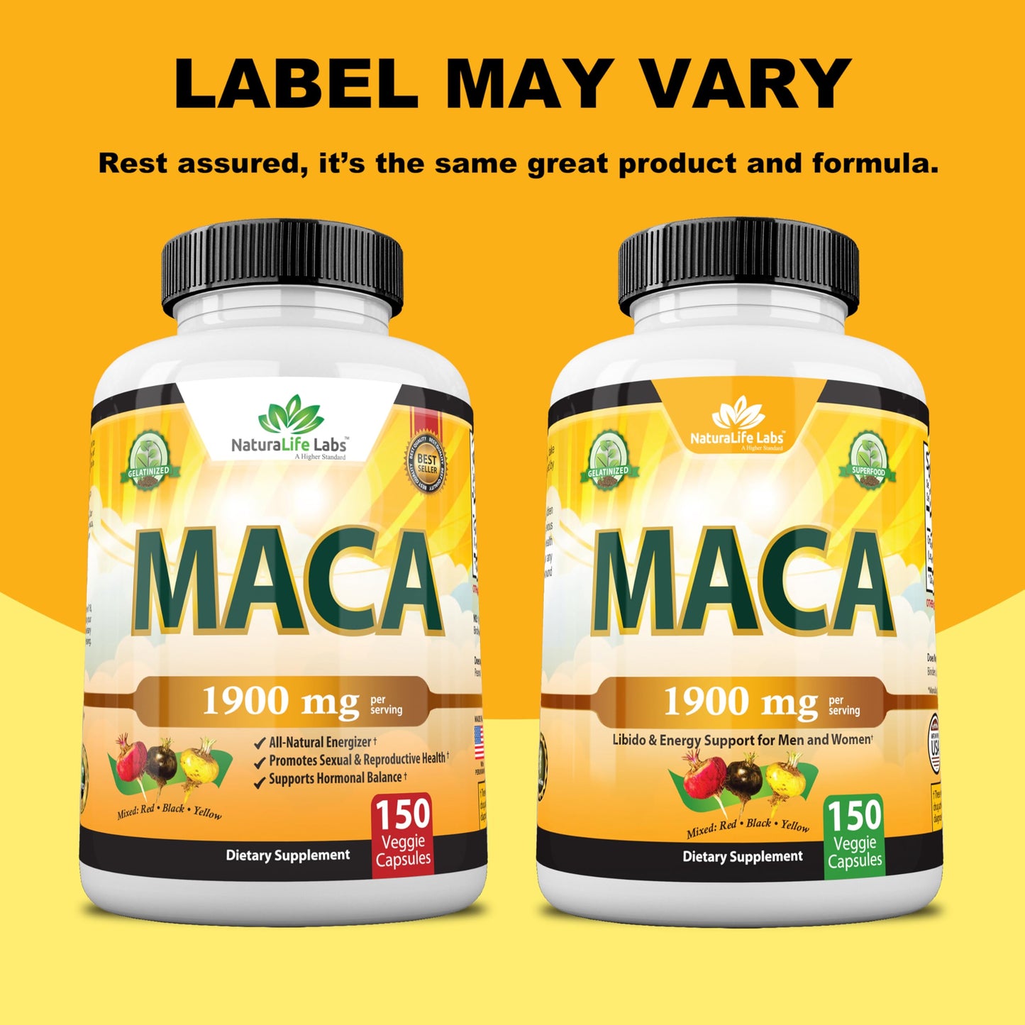 Organic Maca Root Black, Red, Yellow 1900 MG per Serving - 150 Vegan Capsules Peruvian Maca Root Gelatinized 100% Pure Non-GMO Supports Reproductive Health Natural Energizer