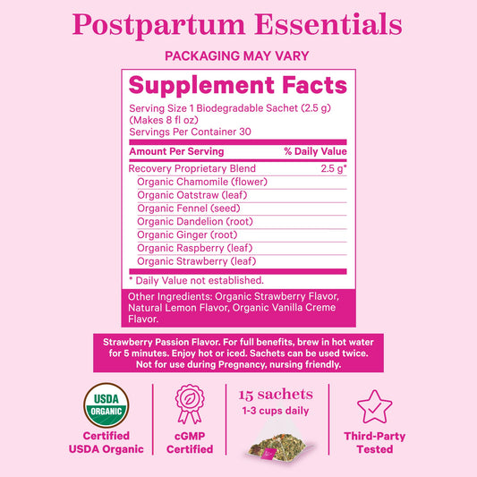 Pink Stork Postpartum Recovery Herbal Tea, Organic Red Raspberry Leaf with Chamomile, Hormone Balance for Women After Labor and Delivery, Strawberry Passion, Hot or Iced, Caffeine-Free, 15 Sachets
