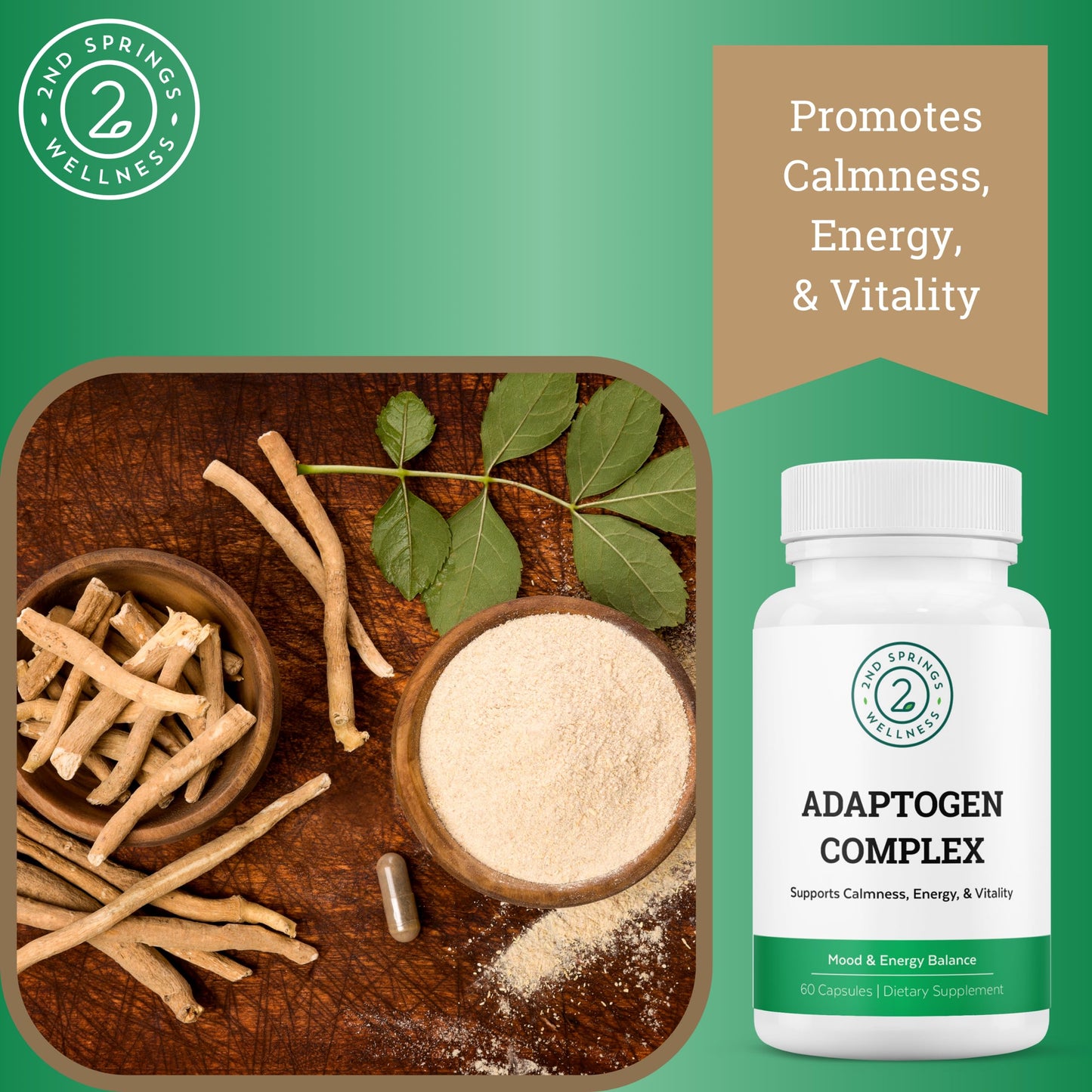 2nd Springs Adaptogen Complex Calmness, Energy and Vitality Booster - Ashwagandha, Schisandra, Astragalus, Ginseng, Rhodiola, and More - Promotes Balance, Focus, and Overall Well-Being - 60 Ct