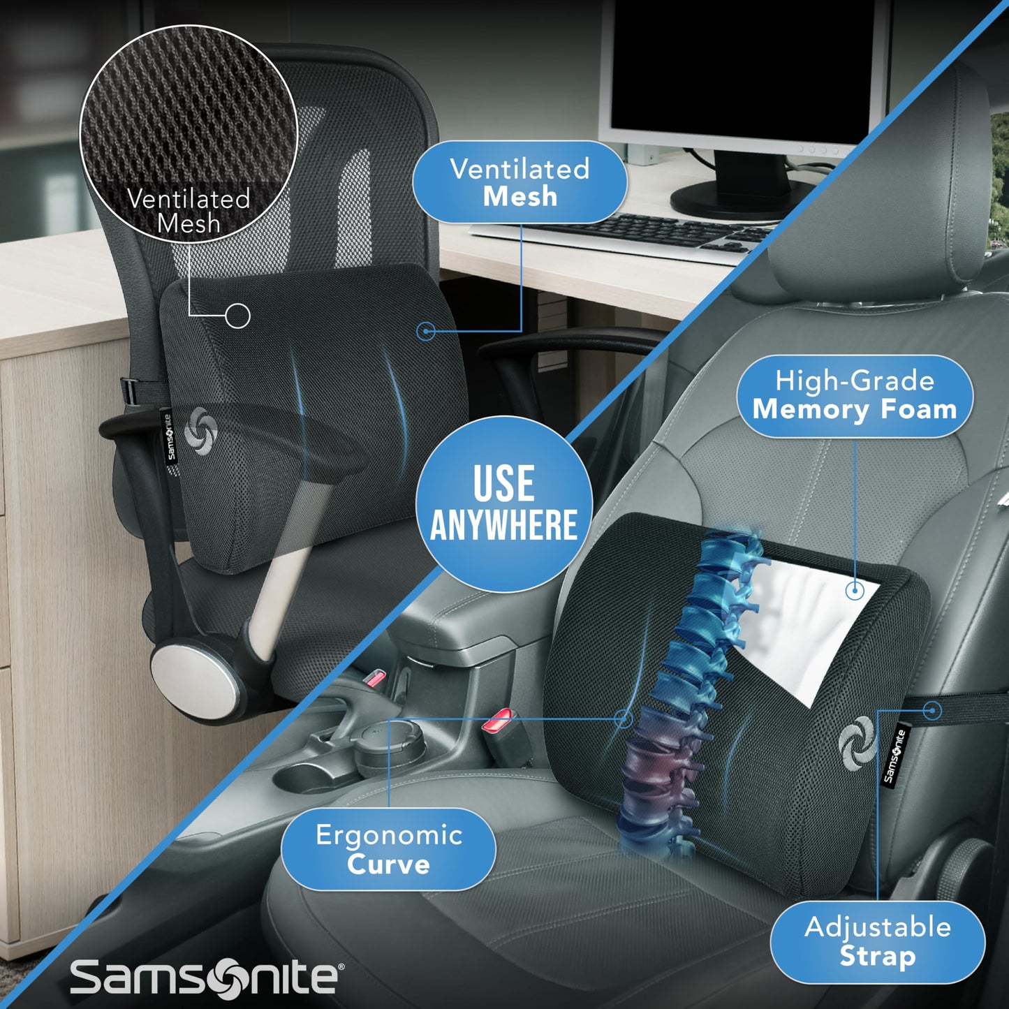 SAMSONITE Lumbar Support Pillow For Office Chair and Car Seat, Perfectly Balanced Memory Foam , Versatile Use Lower Back Cushion