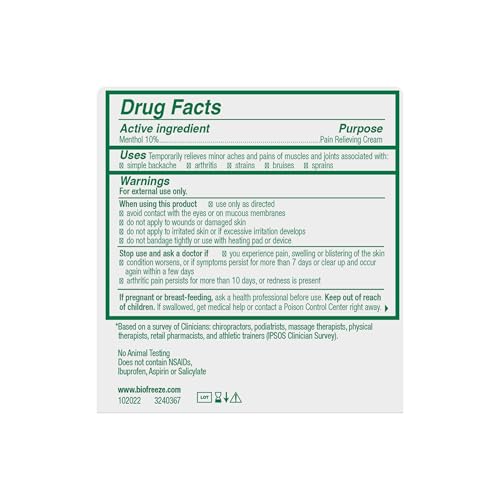 Biofreeze Menthol Pain Relieving Cream 3 OZ Jar for Pain Relief Associated with Sore Muscles, Arthritis, Simple Backaches, Strains, Bruises, Sprains and Joint Pain (Packaging May Vary)