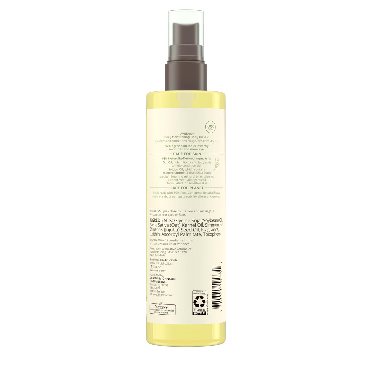 Aveeno Daily Moisturizing Body Oil, Body Mist for Dry Skin with Oat Oil and Jojoba Oil, Nourishing Body Spray with a Hypoallergenic Formula, 6.7 FL OZ