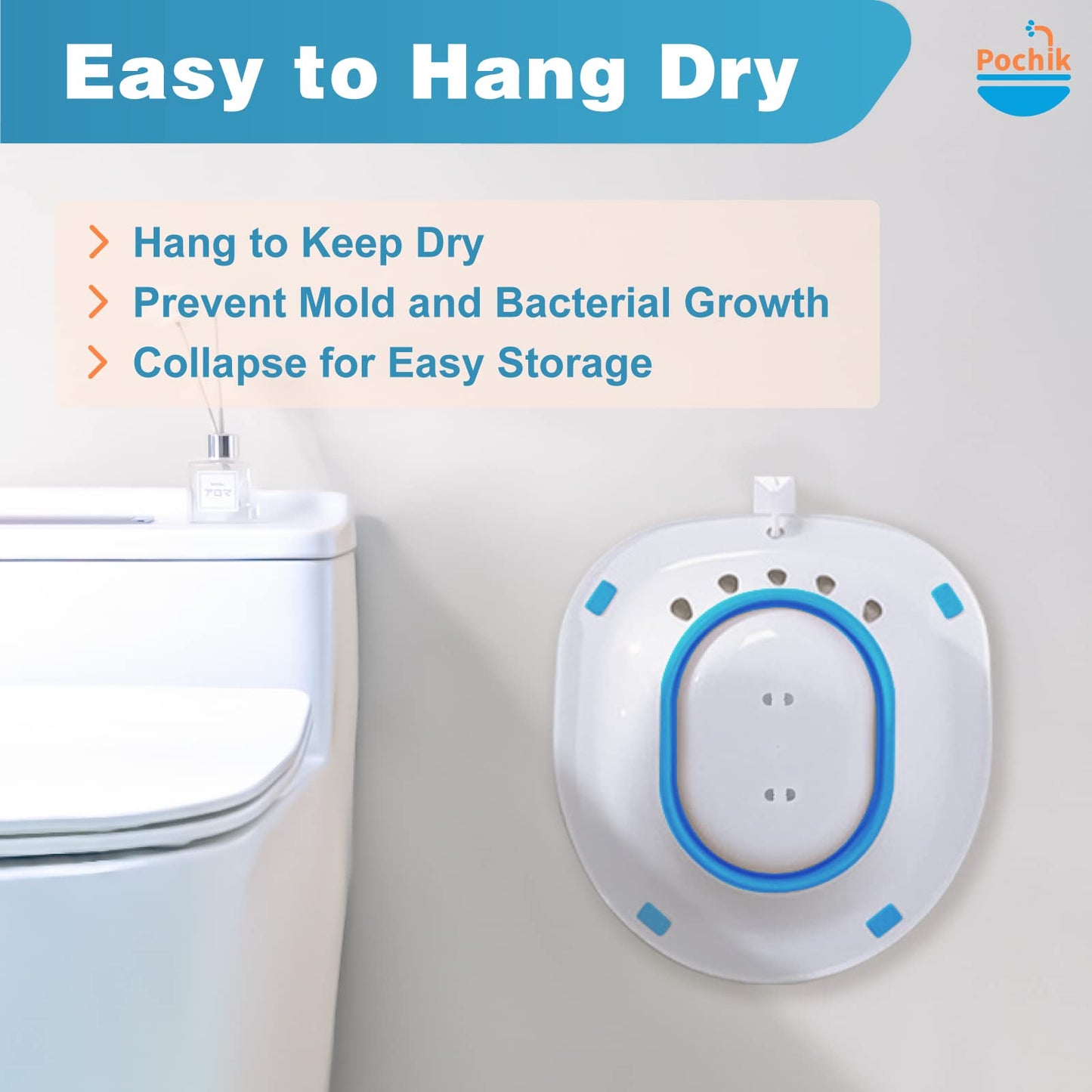 Pochik Sitz Bath, Sitz Bath for Hemorrhoids, Sitz Bath for Toilet Seat, Postpartum Care, Perineal Soaking, Collapsible, Flusher Hose, Drain Holes, Wider Seating Area, Deeper Bowl