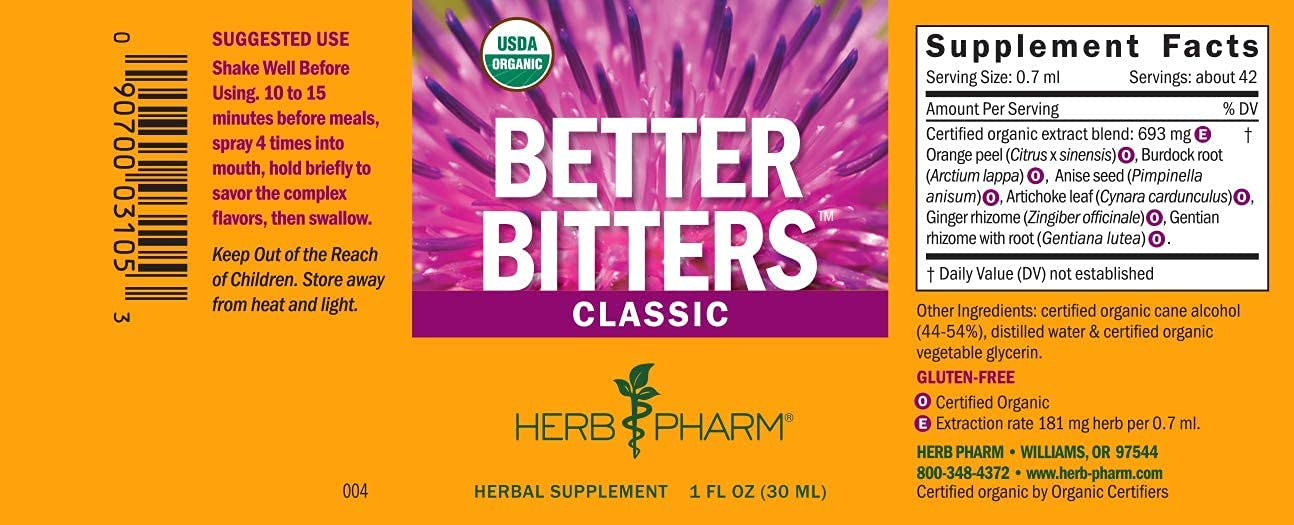 Herb Pharm Better Bitters Certified Organic Digestive Bitters, Classic, 1 Ounce