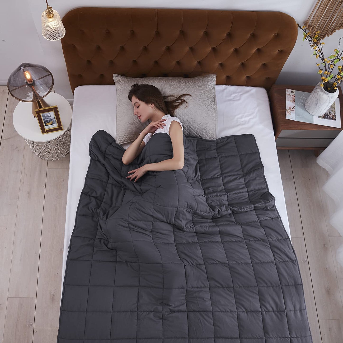 L'AGRATY Weighted Blanket for Adults- Dark Grey, 48"x72", 15lbs, Twin Full Size Heavy Throw Blanket, Cooling, Breathable, Microfiber with Glass Beads, Big, Washable, All-Season