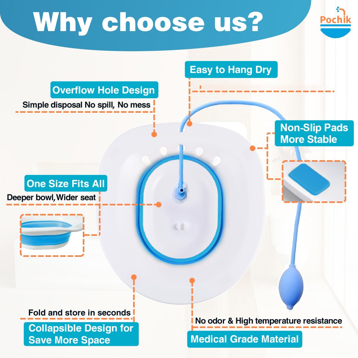 Pochik Sitz Bath, Sitz Bath for Hemorrhoids, Sitz Bath for Toilet Seat, Postpartum Care, Perineal Soaking, Collapsible, Flusher Hose, Drain Holes, Wider Seating Area, Deeper Bowl