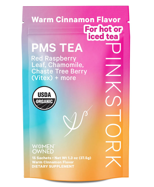 Pink Stork Organic PMS Tea for Hormone Balance, Mood Swings, Bloating, and Period Regularity - 8 Herbs - Vitex, Red Raspberry Leaf, Chamomile - Caffeine-Free - 15 Sachets, Hot or Iced