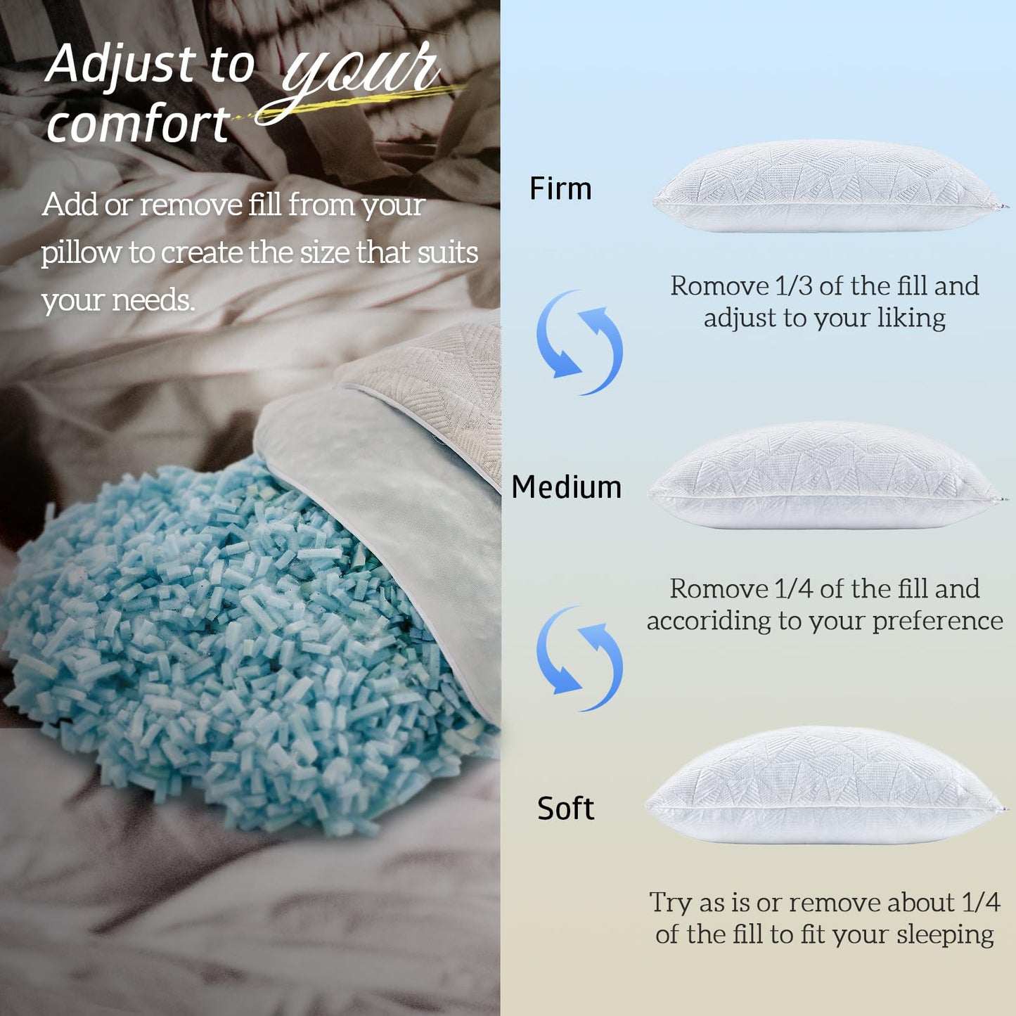 BETU Cooling Pillow Queen Size, Shredded Memory Foam Cool Pillow for Hot Sleepers, Adjustable Firm Soft Support Bed Pillows Perfect for Back Neck Pain and Side Sleeping with Pillow Case Cover, White
