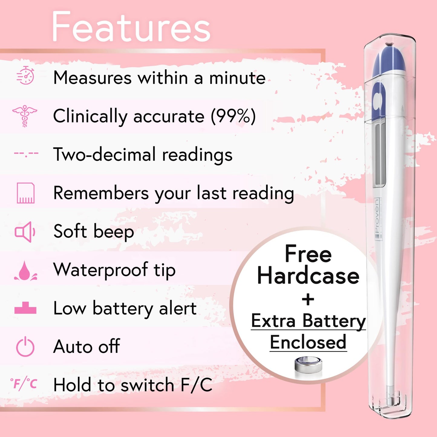 Digital Basal Body Thermometer, 1/100th Degree High Precision, Quick 60-Sec Reading, Memory Recall, Accurate BBT Thermometer for Natural Ovulation Tracking by iProven