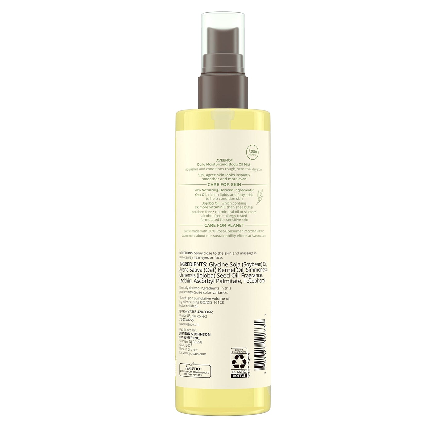 Aveeno Daily Moisturizing Body Oil, Body Mist for Dry Skin with Oat Oil and Jojoba Oil, Nourishing Body Spray with a Hypoallergenic Formula, 6.7 FL OZ