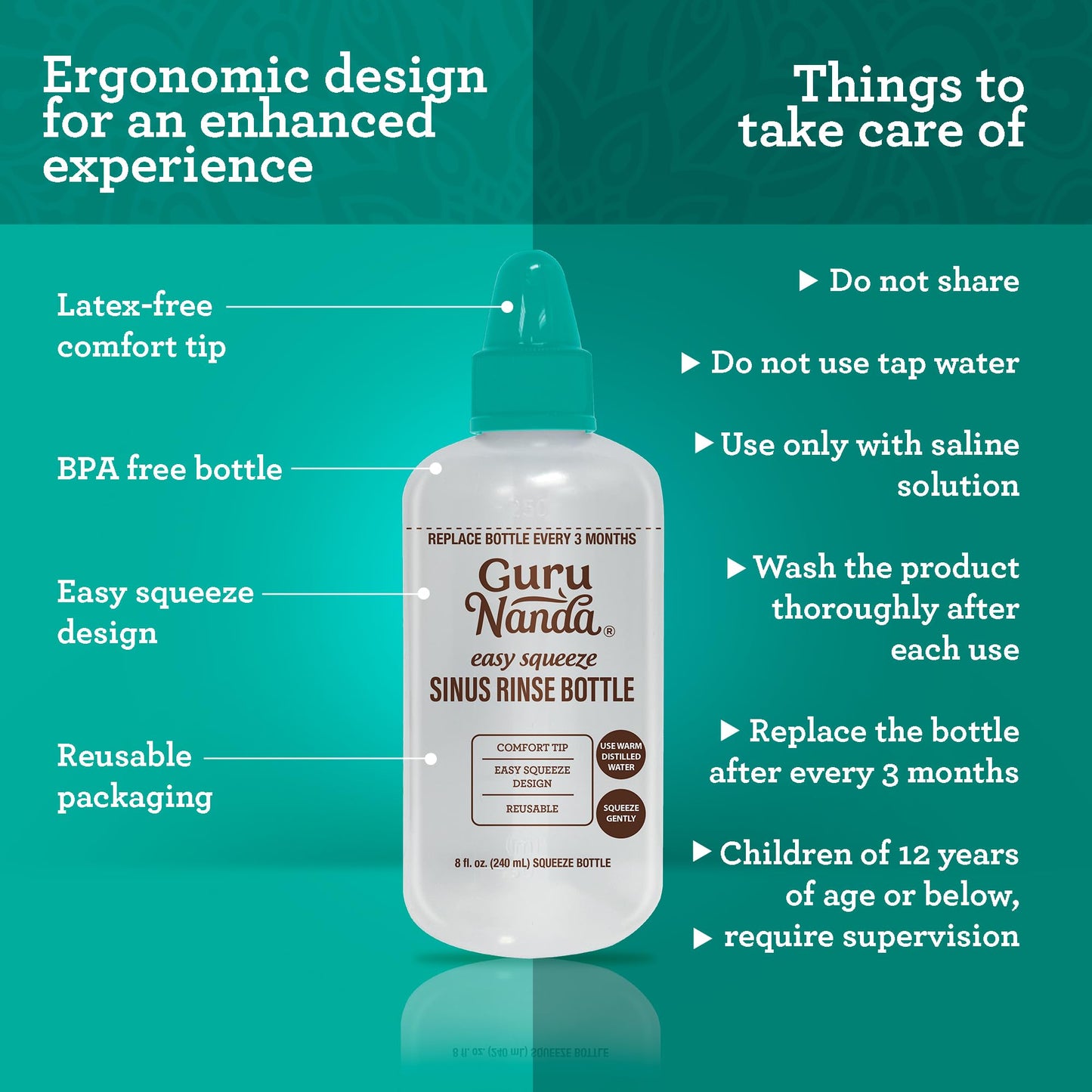 GuruNanda Sinus Rinse Bottle - Comfort Tip for Natural Nasal Irrigator Relief for Adults & Kids - 240ml Capacity