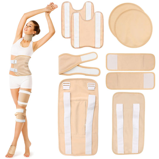 Castor Oil Pack Wrap, 9 Pcs Reusable Organic Castor Oil Packs Kit for Neck Chest Waist Knee Leg and Feet, Adjustable Velcro Caster Oil Compress Pads, Machine Washable Gift for Women