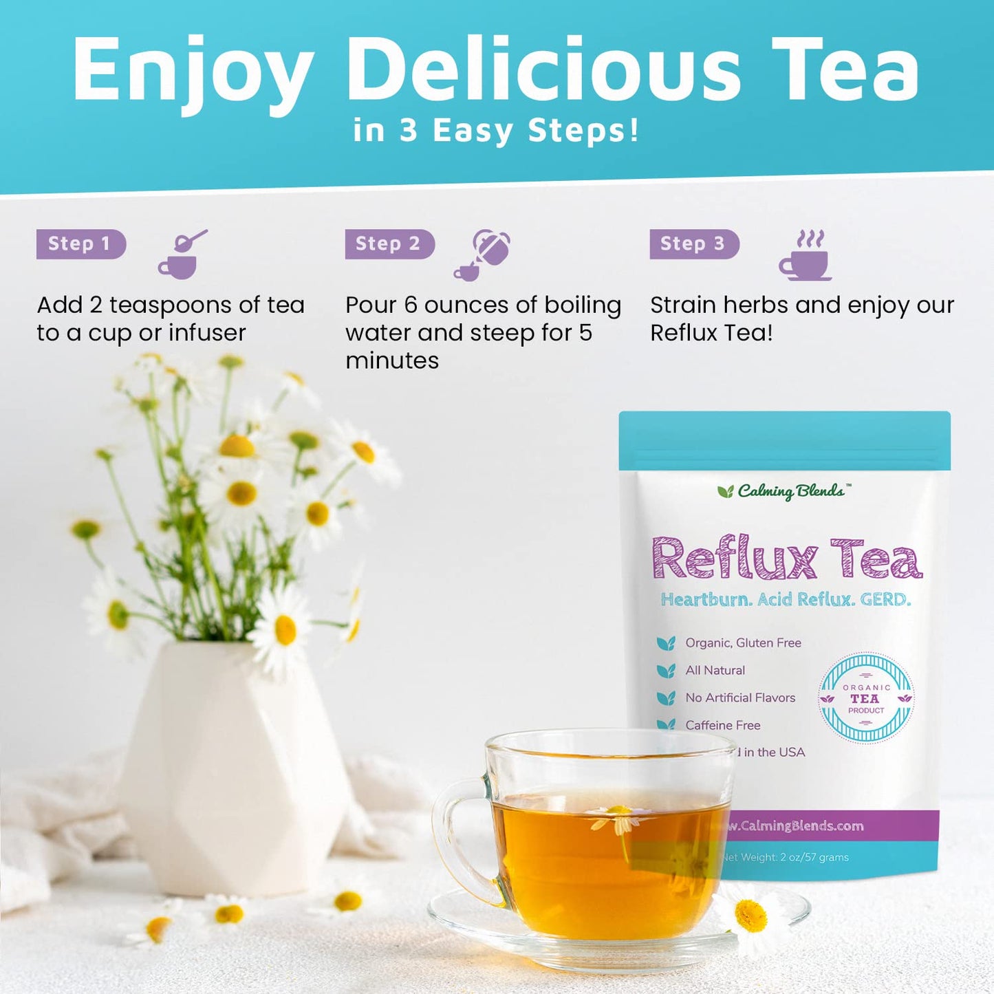 CALMING BLENDS Acid Reflux Loose Leaf Tea | Acid Reflux, Heartburn & Indigestion | Caffeine-Free | 36 Cups