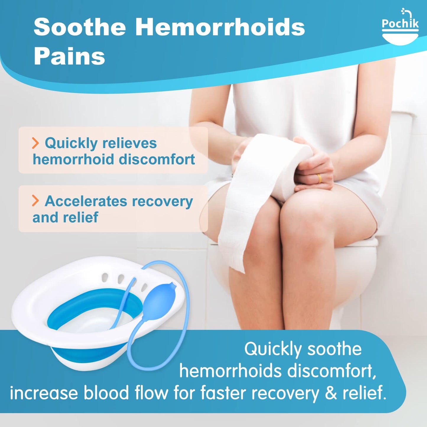 Pochik Sitz Bath, Sitz Bath for Hemorrhoids, Sitz Bath for Toilet Seat, Postpartum Care, Perineal Soaking, Collapsible, Flusher Hose, Drain Holes, Wider Seating Area, Deeper Bowl