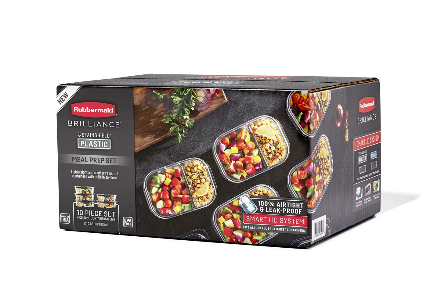 Rubbermaid Brilliance Meal Prep Containers, 2-Compartment Food Storage Containers, 2.85 Cup, 5-Pack, BPA-Free, Clear/Grey