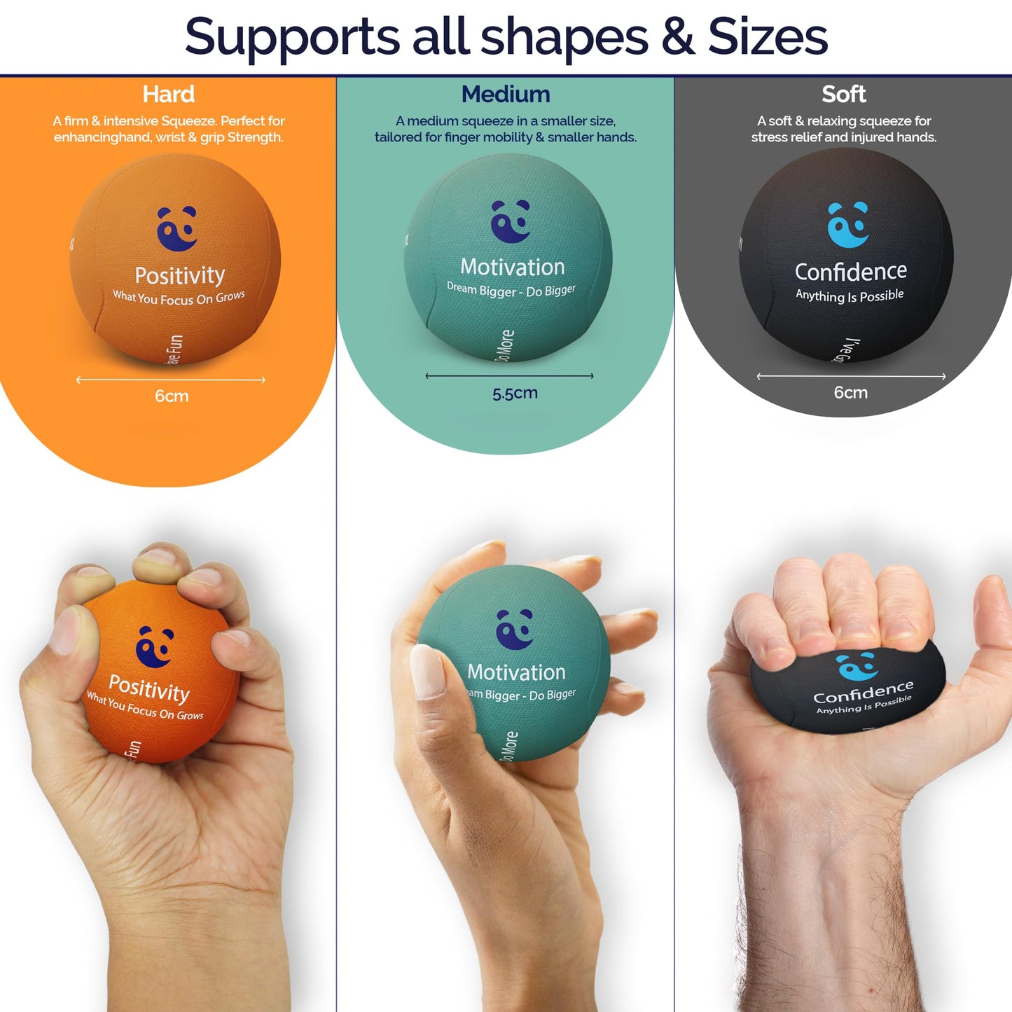 Mind & Body Stress Balls for Adults - Triple Density Squeeze Balls for Hand Therapy & Grip Strengthening - Stress & Anxiety Relief - Physical Therapy Support - Soft, Medium, Hard Gel Core