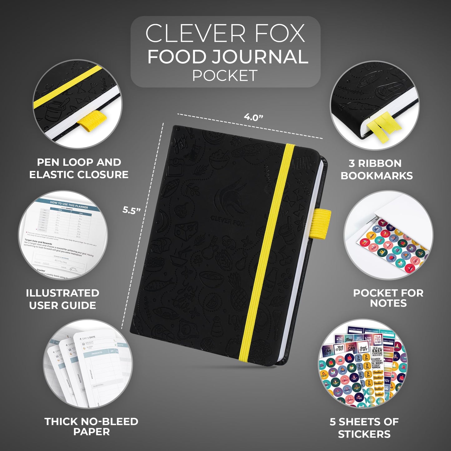 Clever Fox Food Journal Pocket - Daily Food Diary, Meal Planner to Track Calories & Nutrients, Weight Loss Tracker Notebook, 4x5.5” (Black)