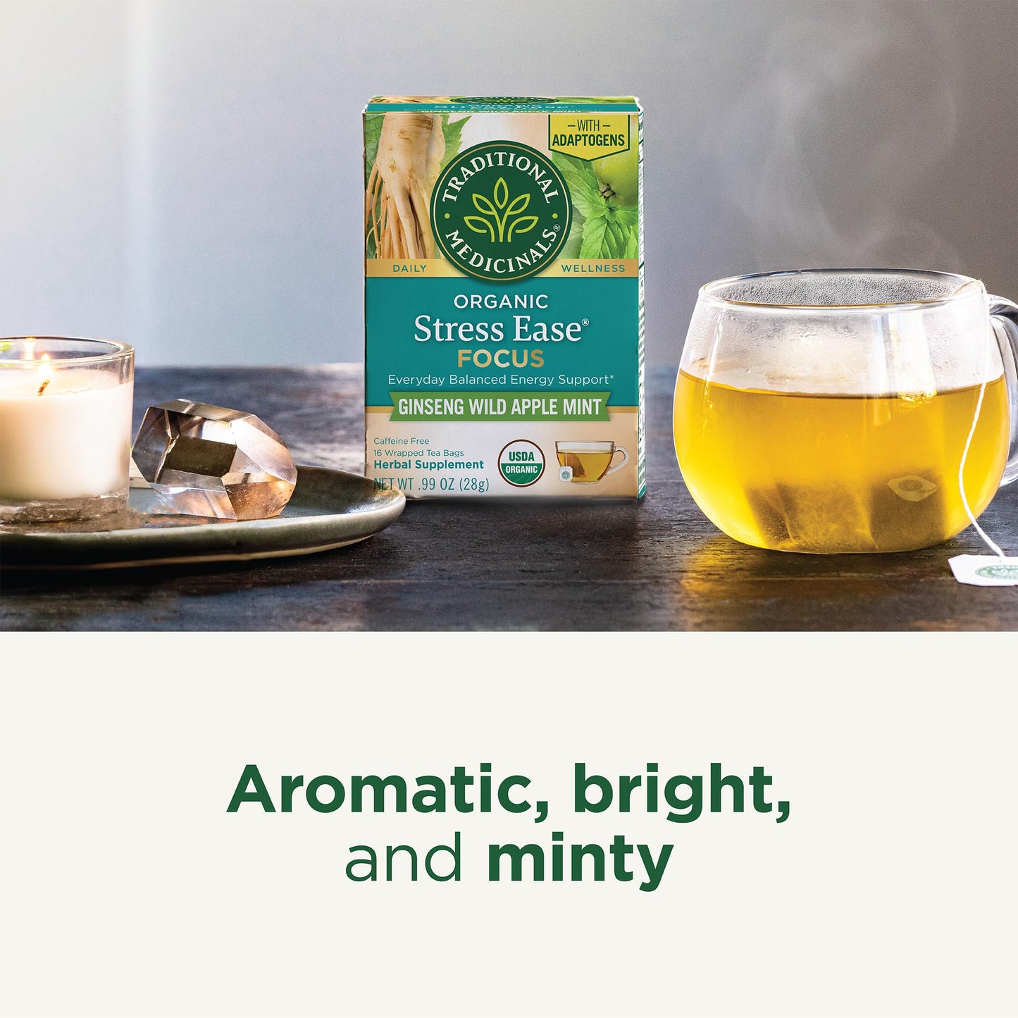 Traditional Medicinals Tea, Organic Stress Ease Focus, with Adaptogens, Everyday Balanced Energy, Ginseng Wild Apple Mint, 16 Tea Bags