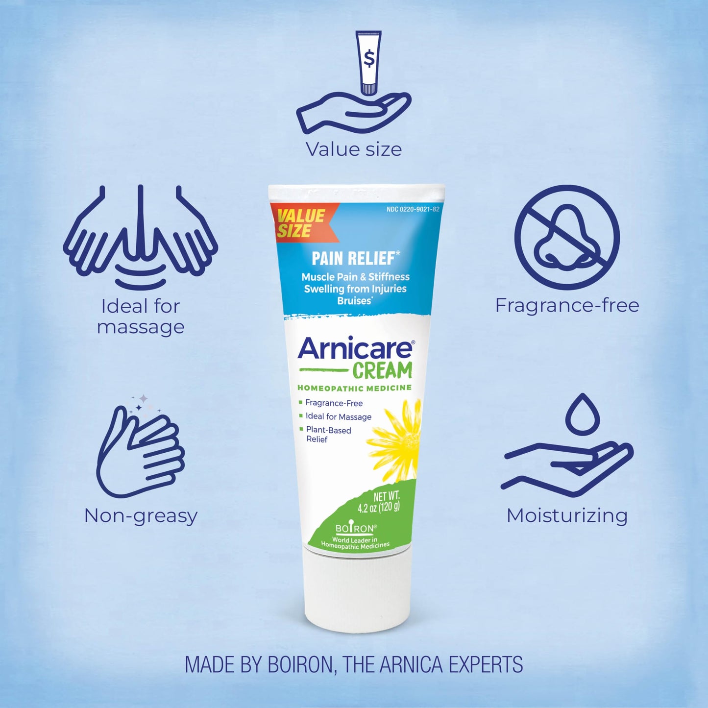 Boiron Arnicare Cream Natural Soothing Relief for Joint Pain, Muscle Pain, Inflammation, Soreness, and Bruises - Fast Absorbing and Fragrance-Free - 4.2 oz